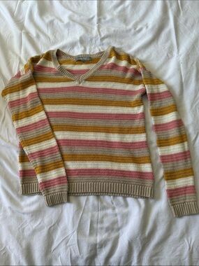 Marled Striped V-Neck Sweater in Pink, Mustard & Cream